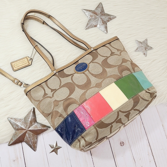 Coach 15588 Signature Legacy Stripe Gold Leather Tote bag Y2K rainbow - Picture 1 of 12